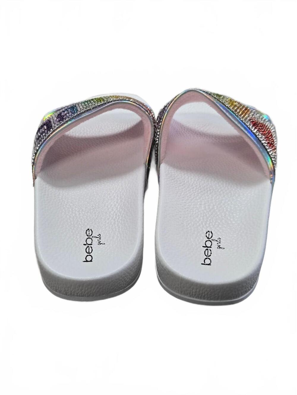 bebe Girls White Slide Sandals with Multicolor Rhinestone Logo - Picture 2 of 7